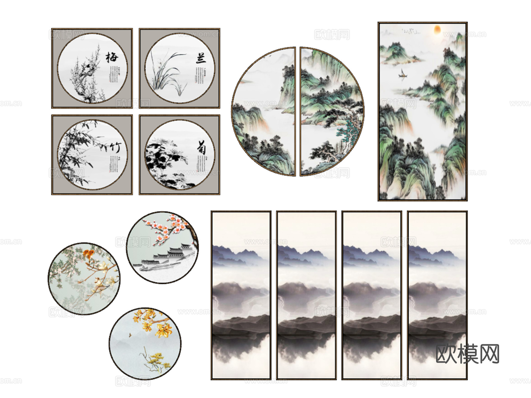 新中式风景画山水装饰画su模型下载