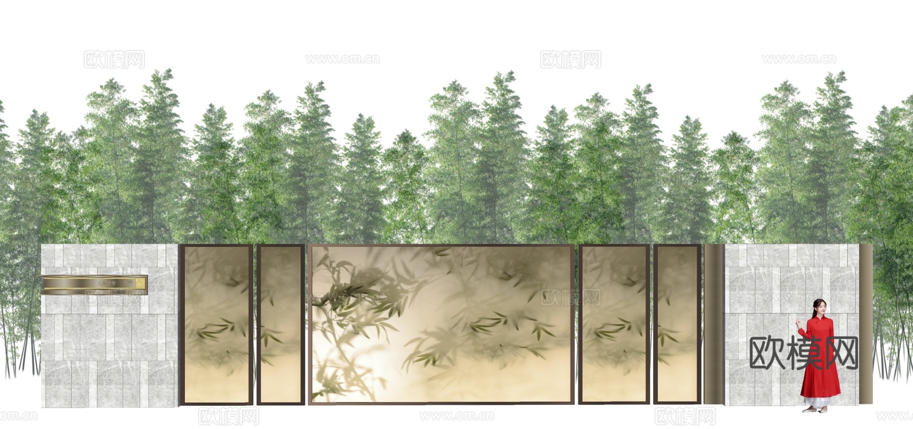 新中式竹影景观墙su模型下载