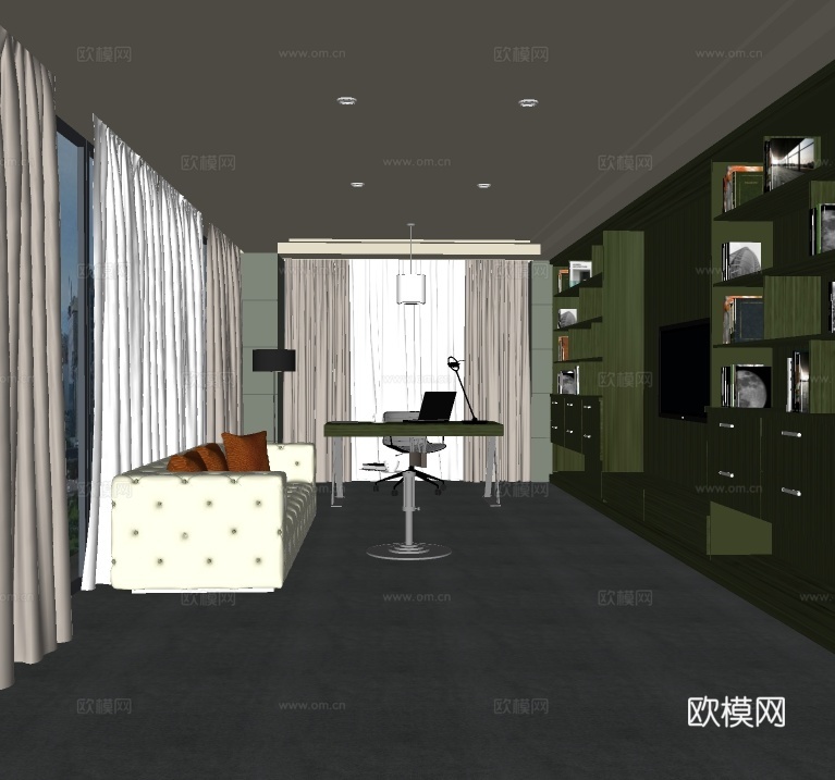 现代书房su模型下载