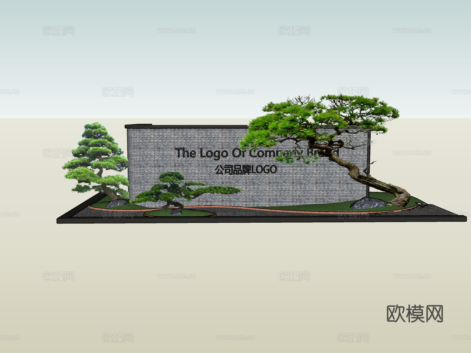 新中式松树景墙园艺小品su模型下载