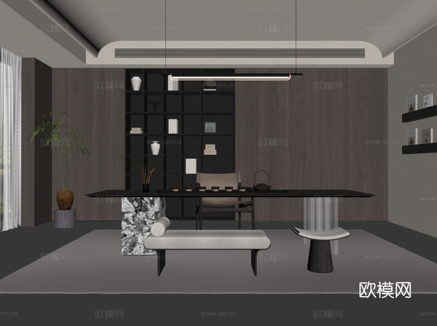 现代意式茶室 书房 茶桌椅su模型