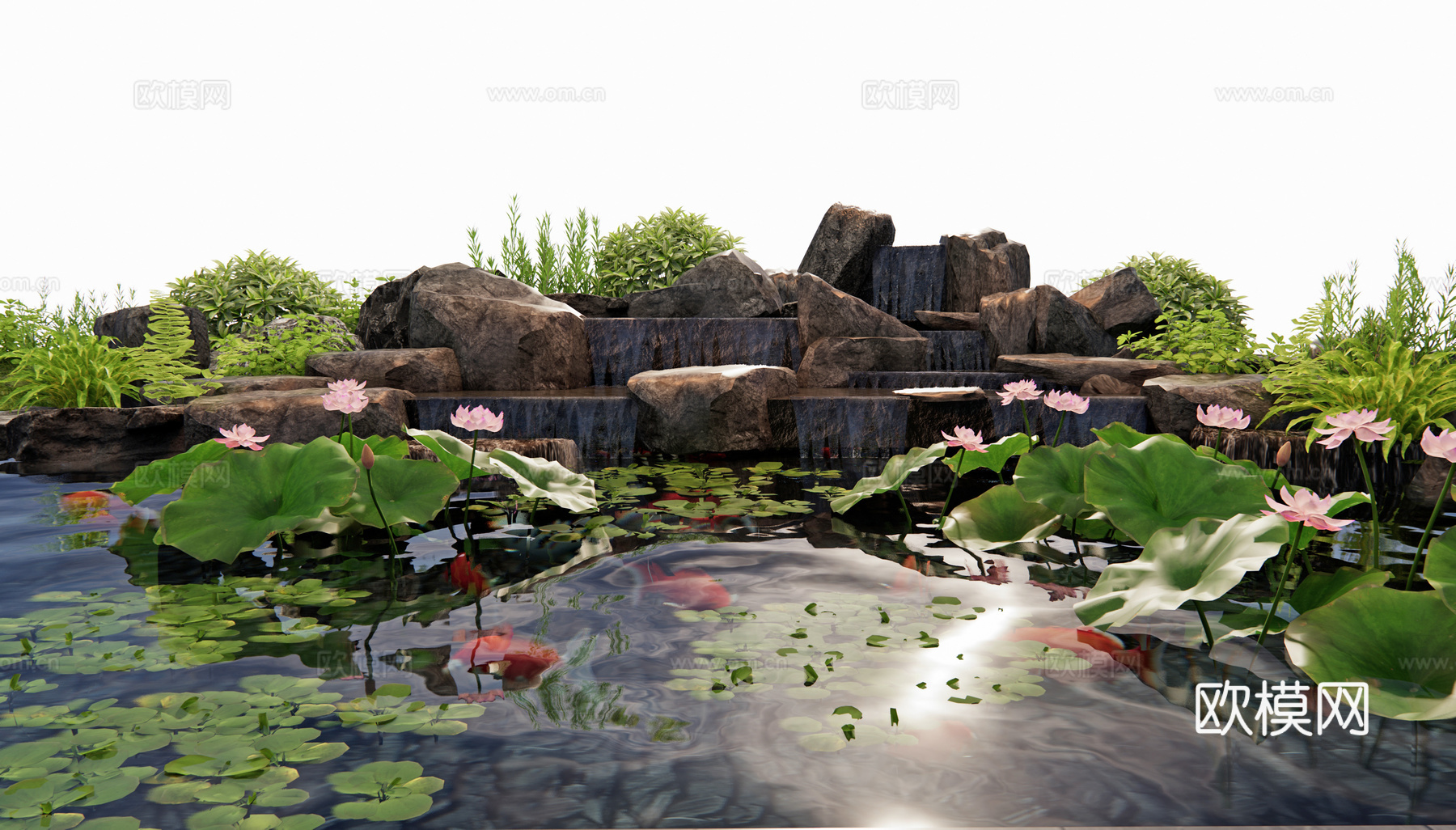 新中式假山水景 荷花 水生植物 鱼池 金鱼 石头 跌水景观3d模型