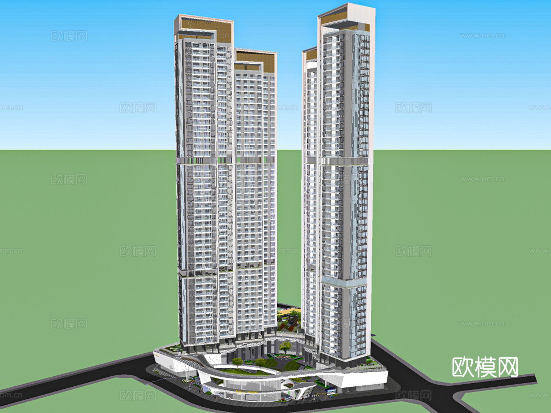 现代高层住宅楼建筑外观su模型下载
