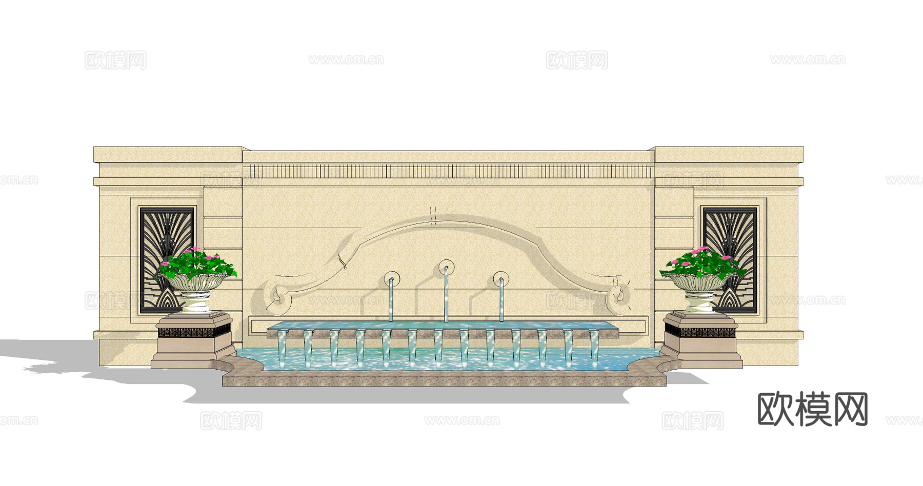 欧式水池景观墙su模型下载