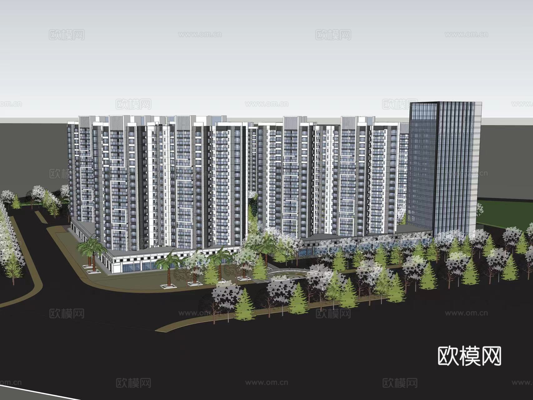 现代住宅小区建筑外观su模型下载