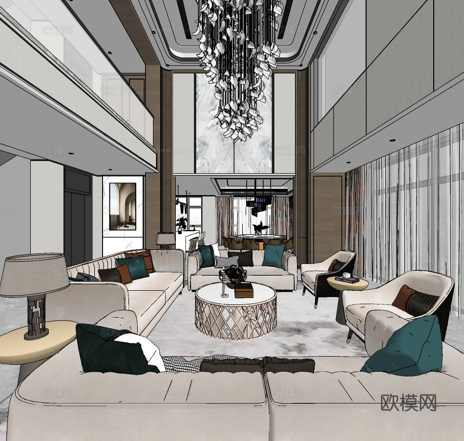 现代别墅客餐厅su模型下载