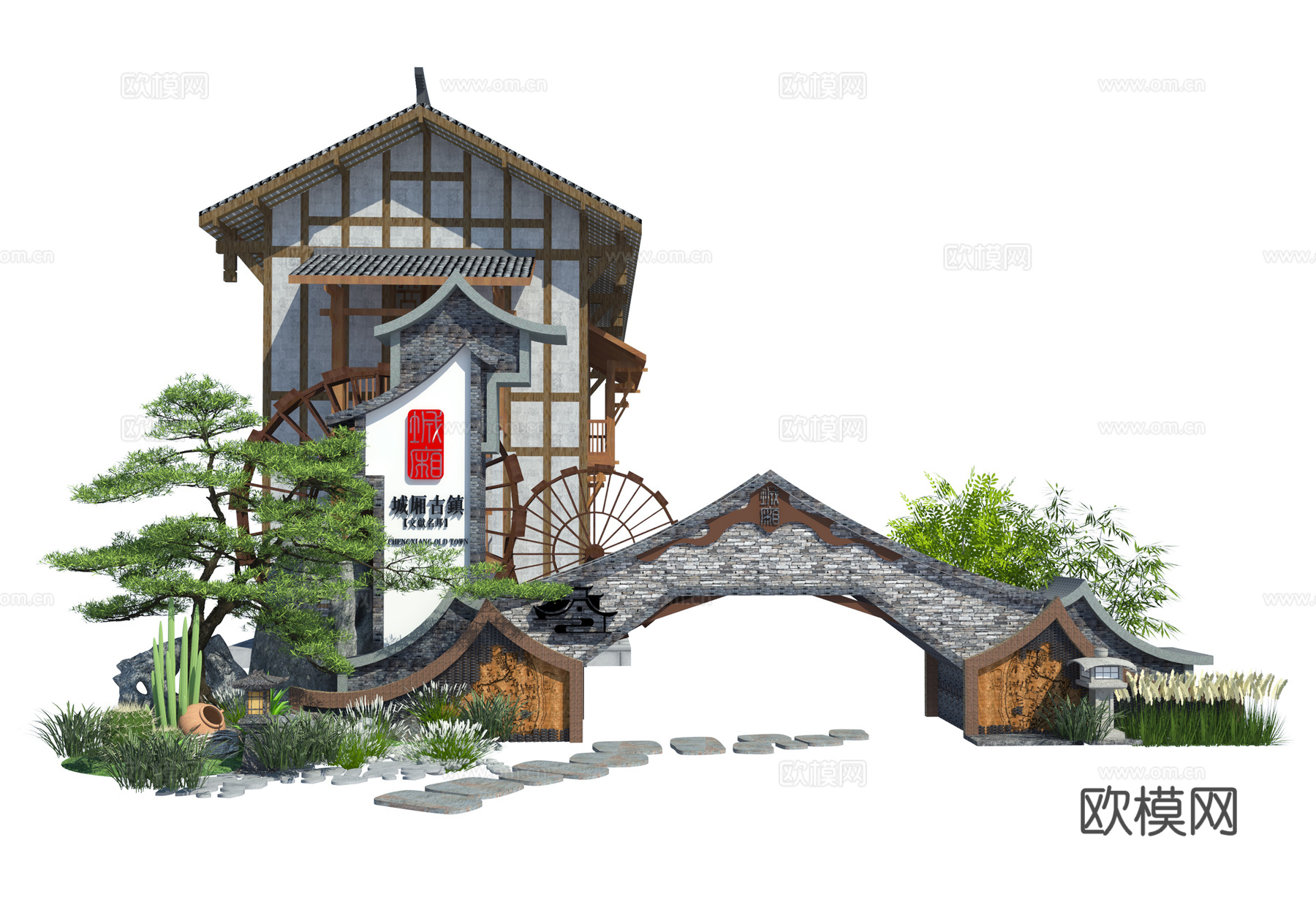 新中式乡村景墙小品su模型下载