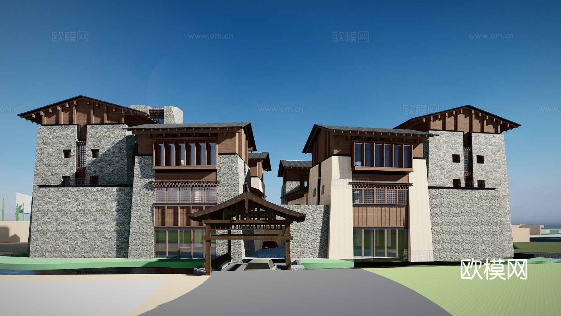 新中式酒店建筑外观su模型下载