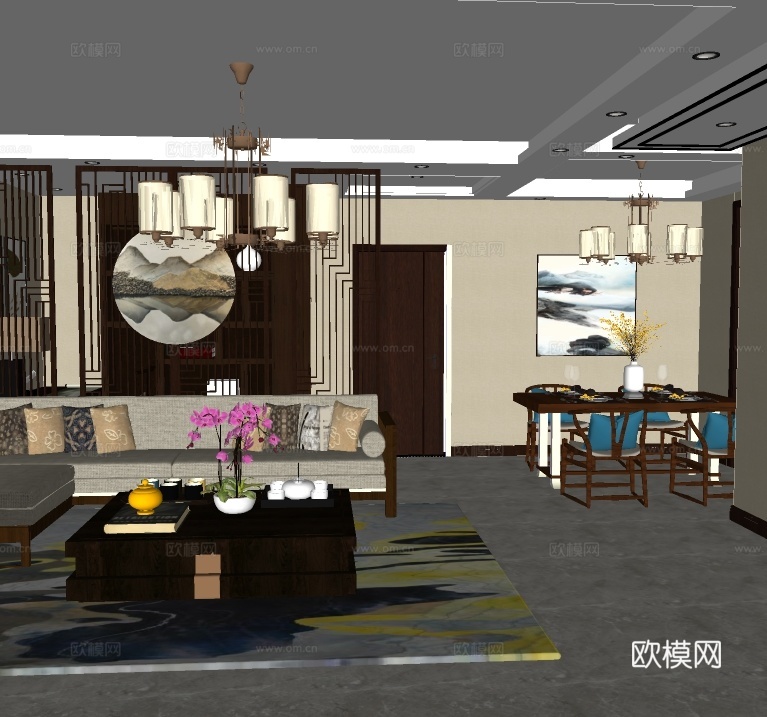 新中式客餐厅su模型下载