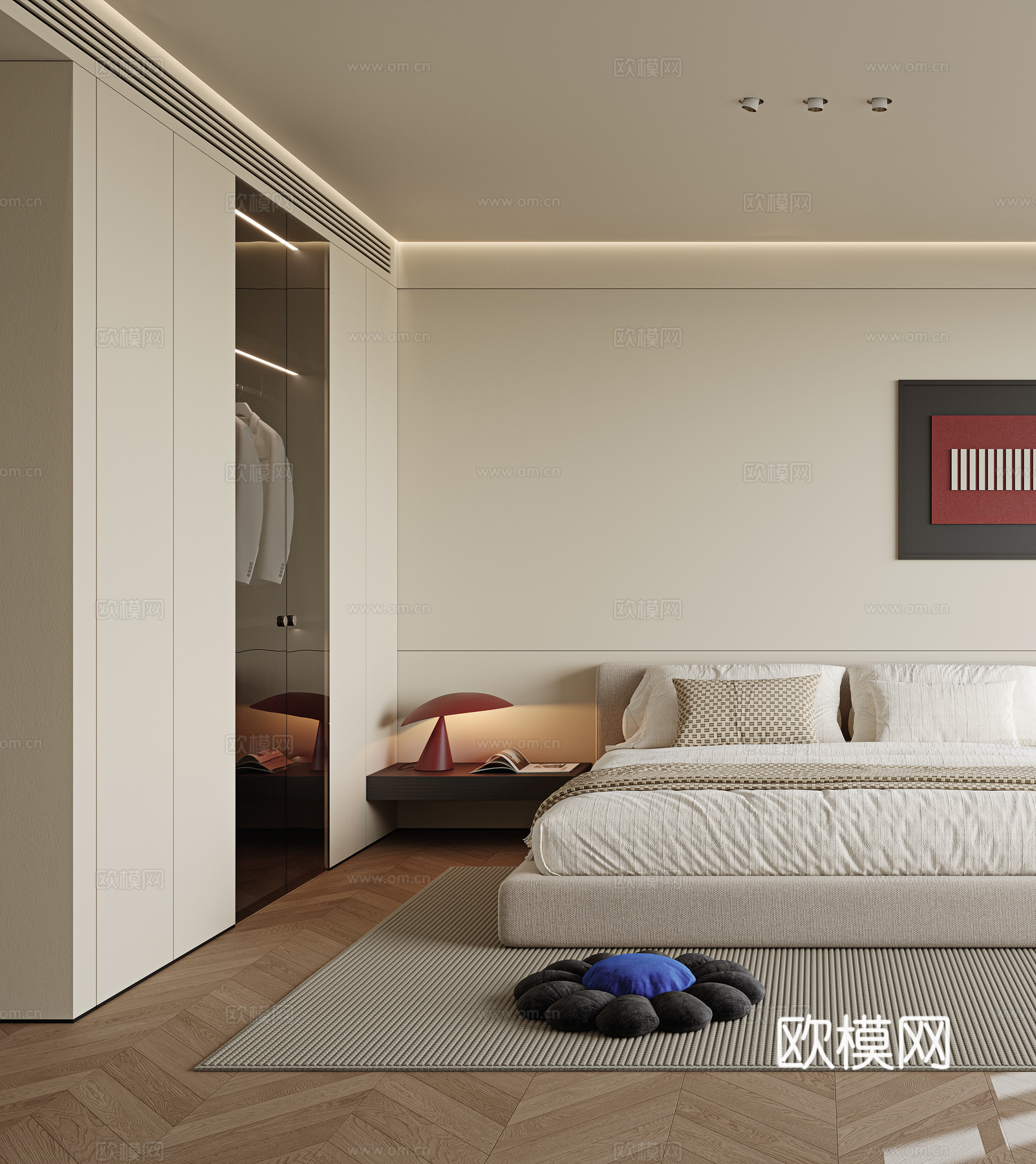 现代卧室 无主灯卧室 主卧室 老人房 布艺双人床 床头边几3d模型
