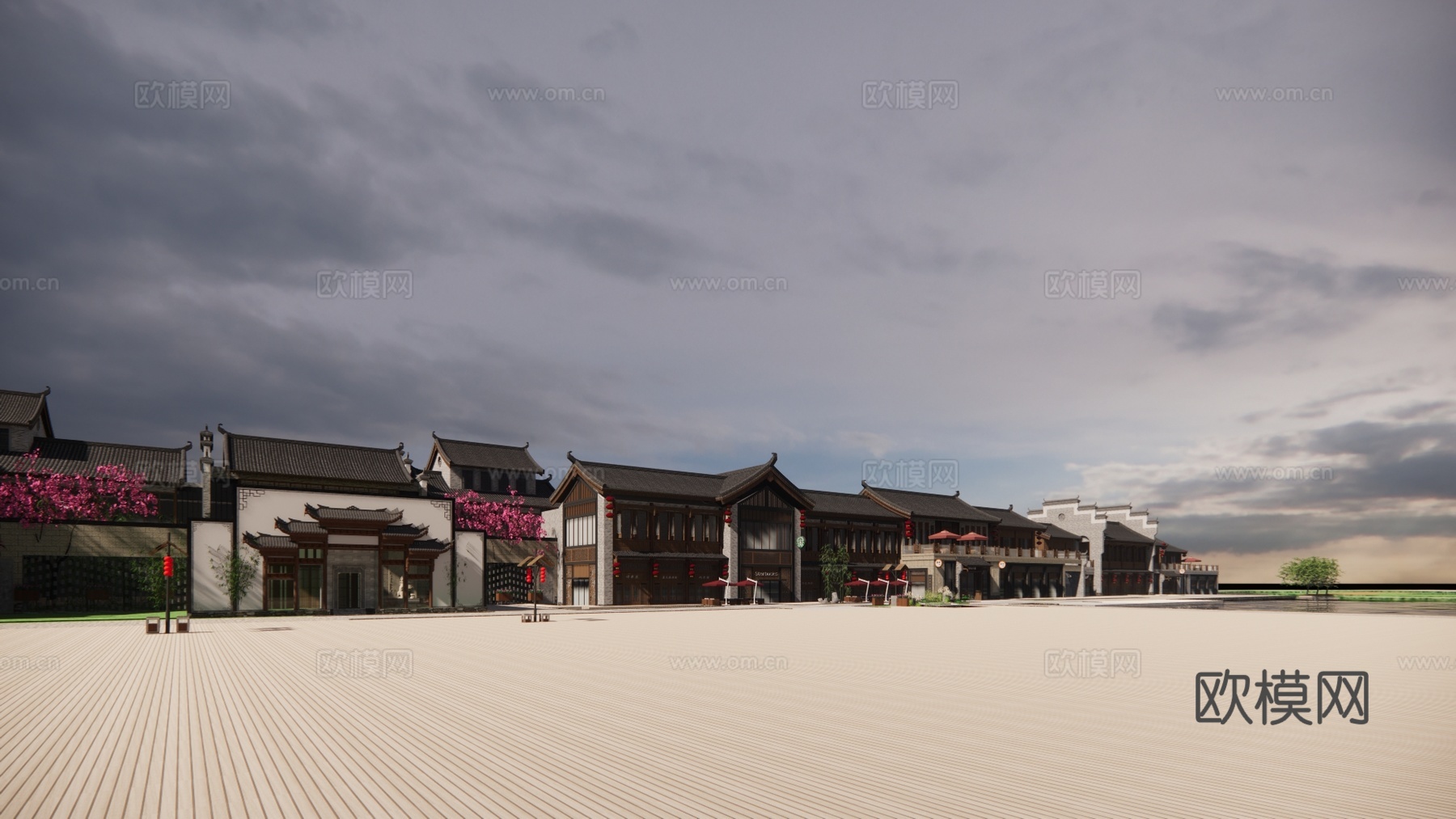 新中式商业街su模型下载