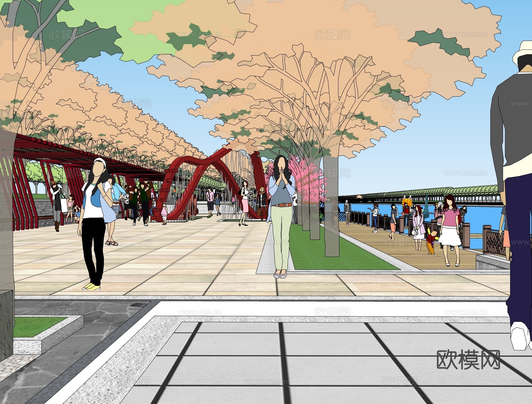中式沿河街道景观设计su模型下载