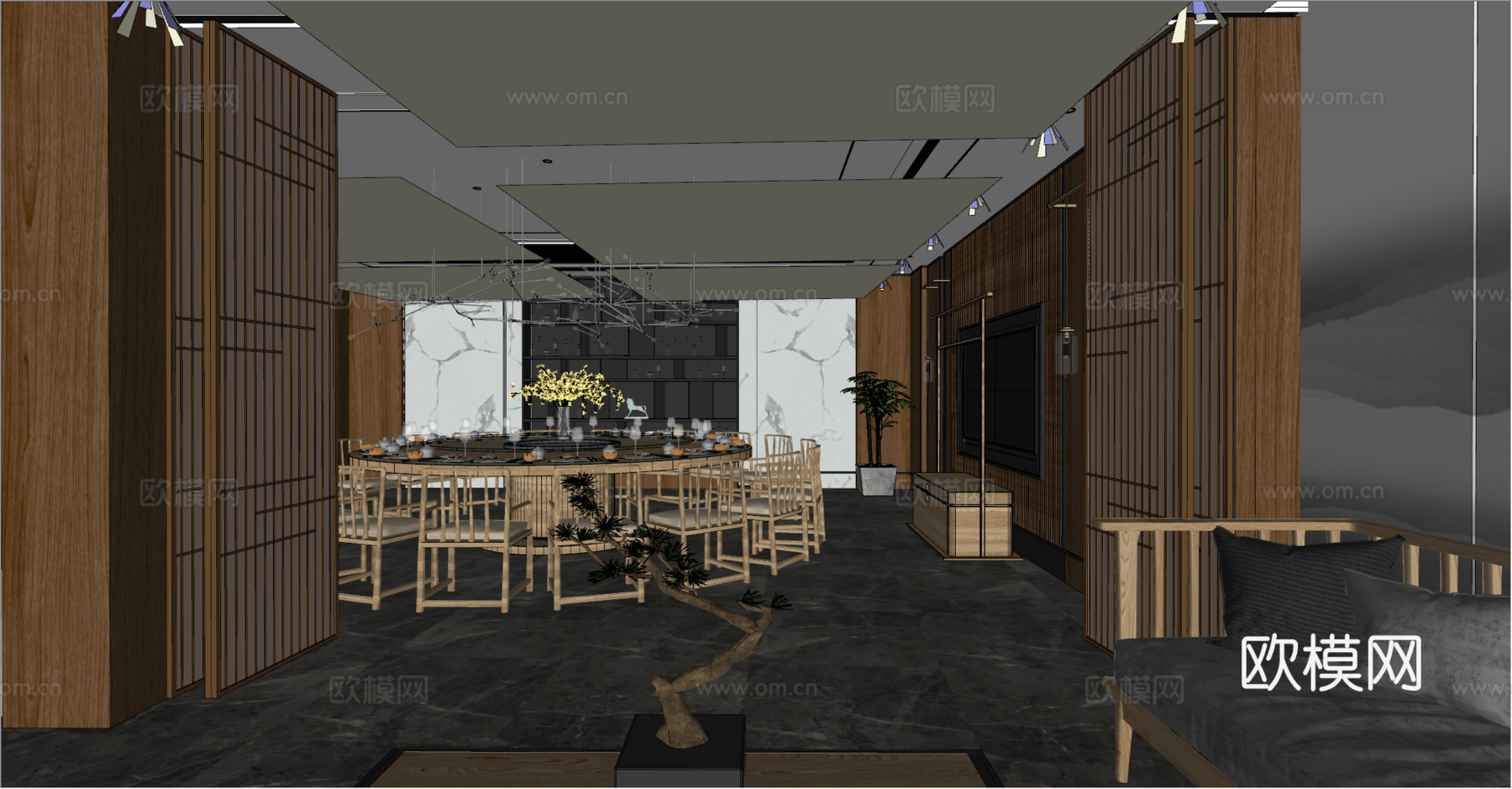 新中式餐厅包厢su模型下载