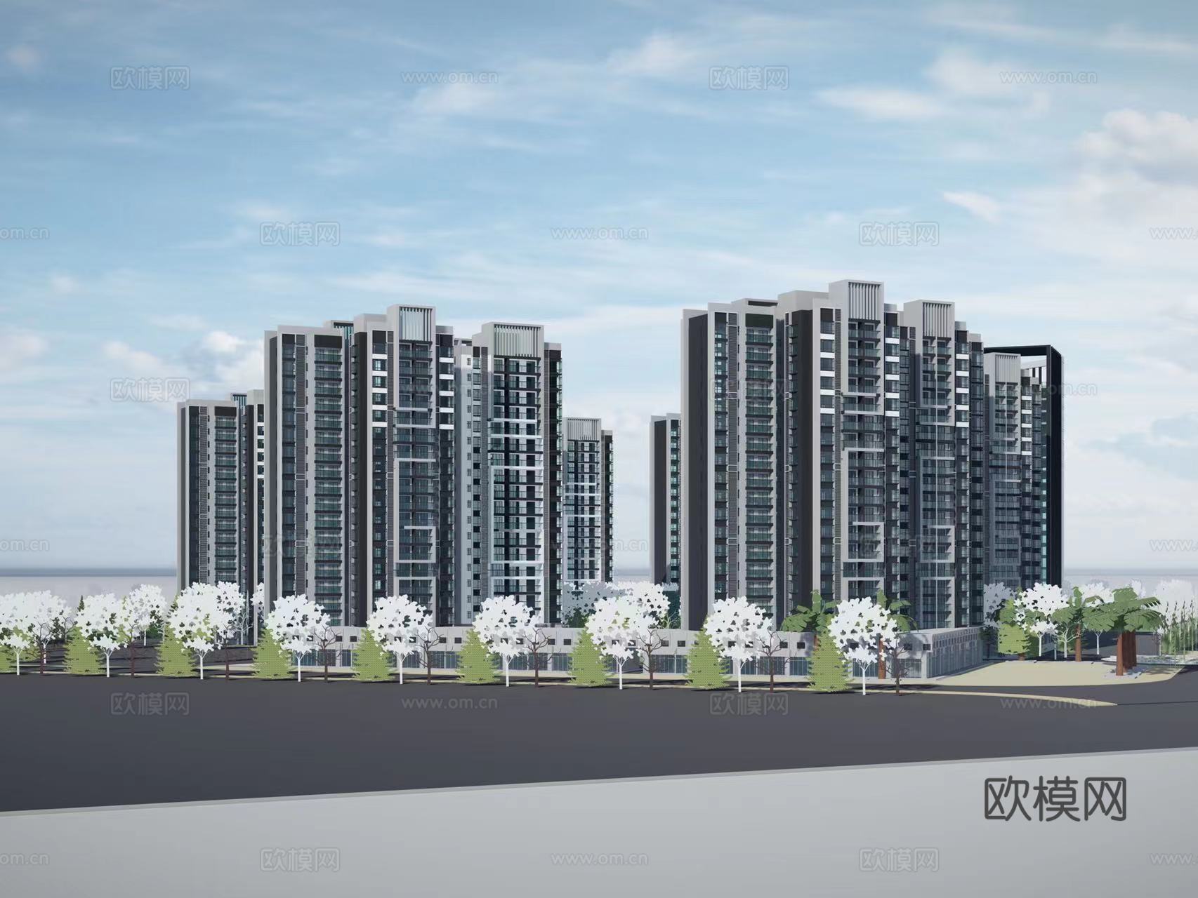 现代住宅小区建筑外观su模型下载