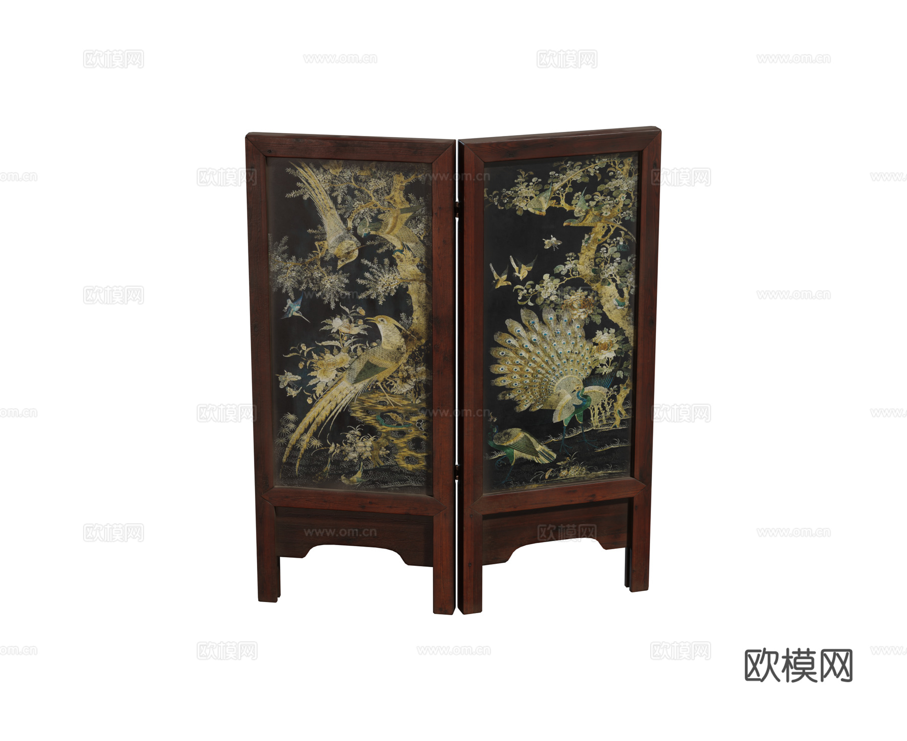 中式红木家具 折叠屏风 孔雀屏风su模型