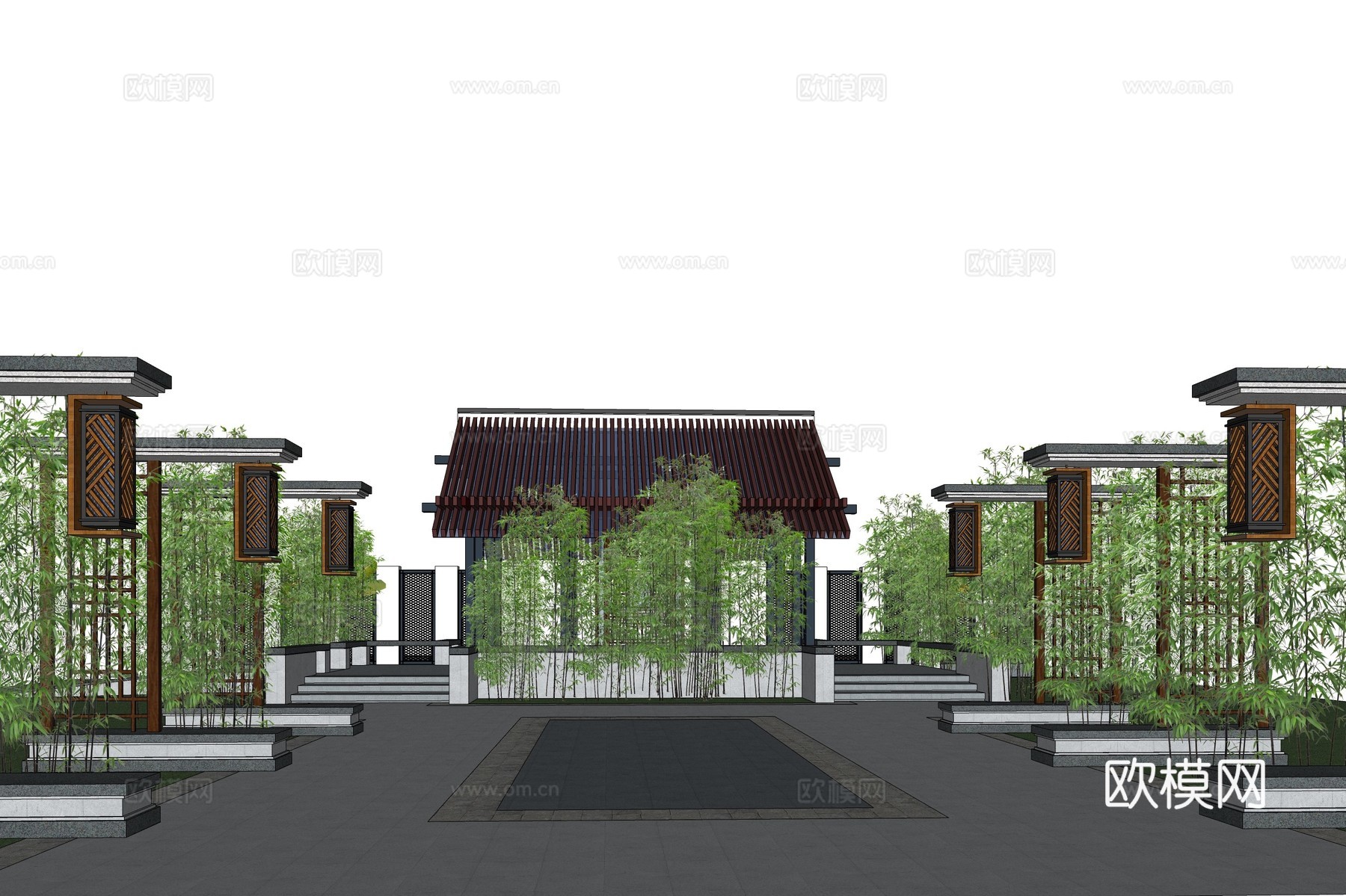 新中式广场园林景观su模型下载