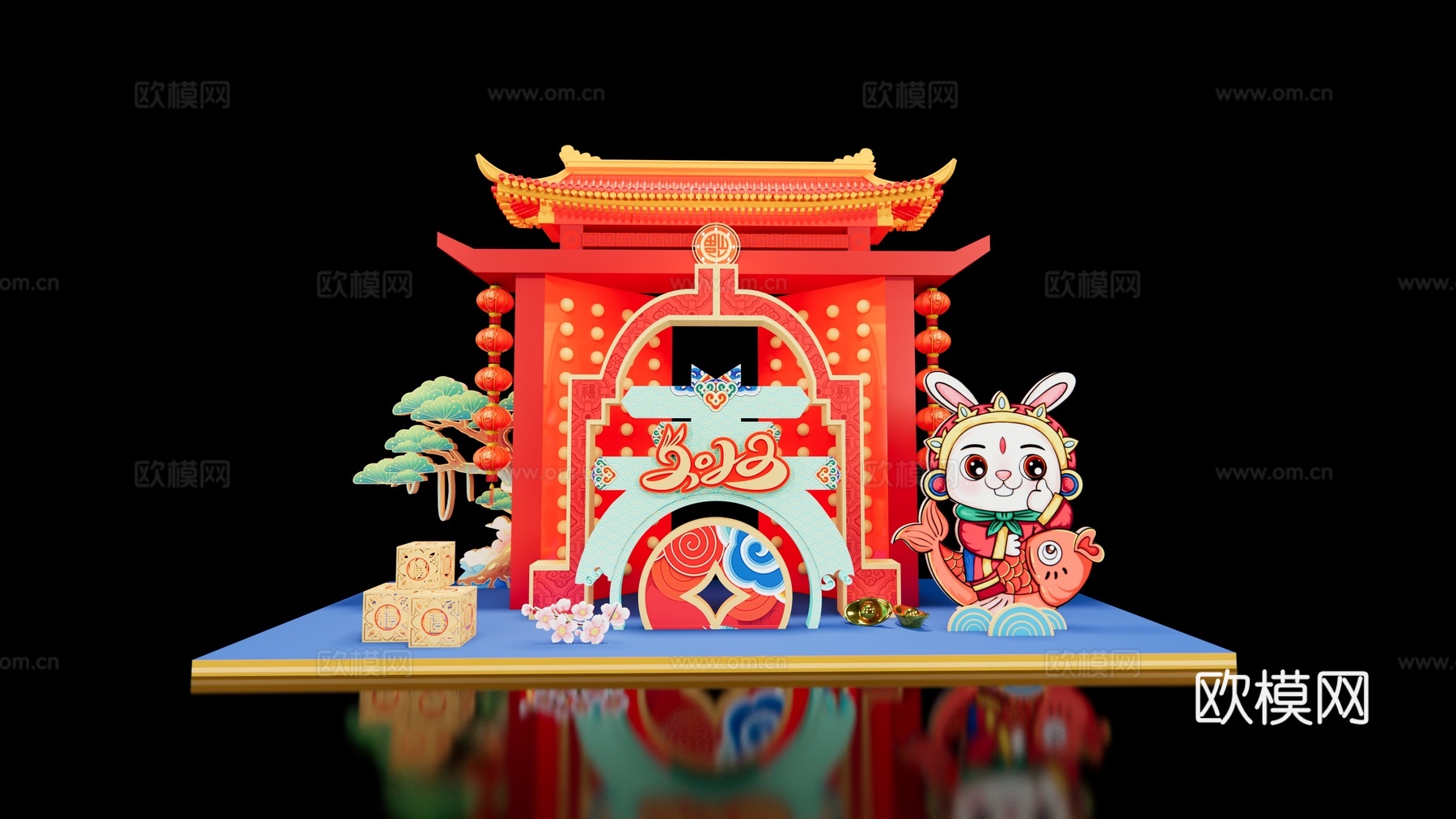 新中式兔年春节美陈su模型下载