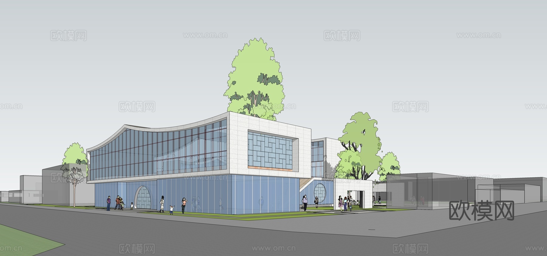 新中式展览馆建筑外观su模型下载