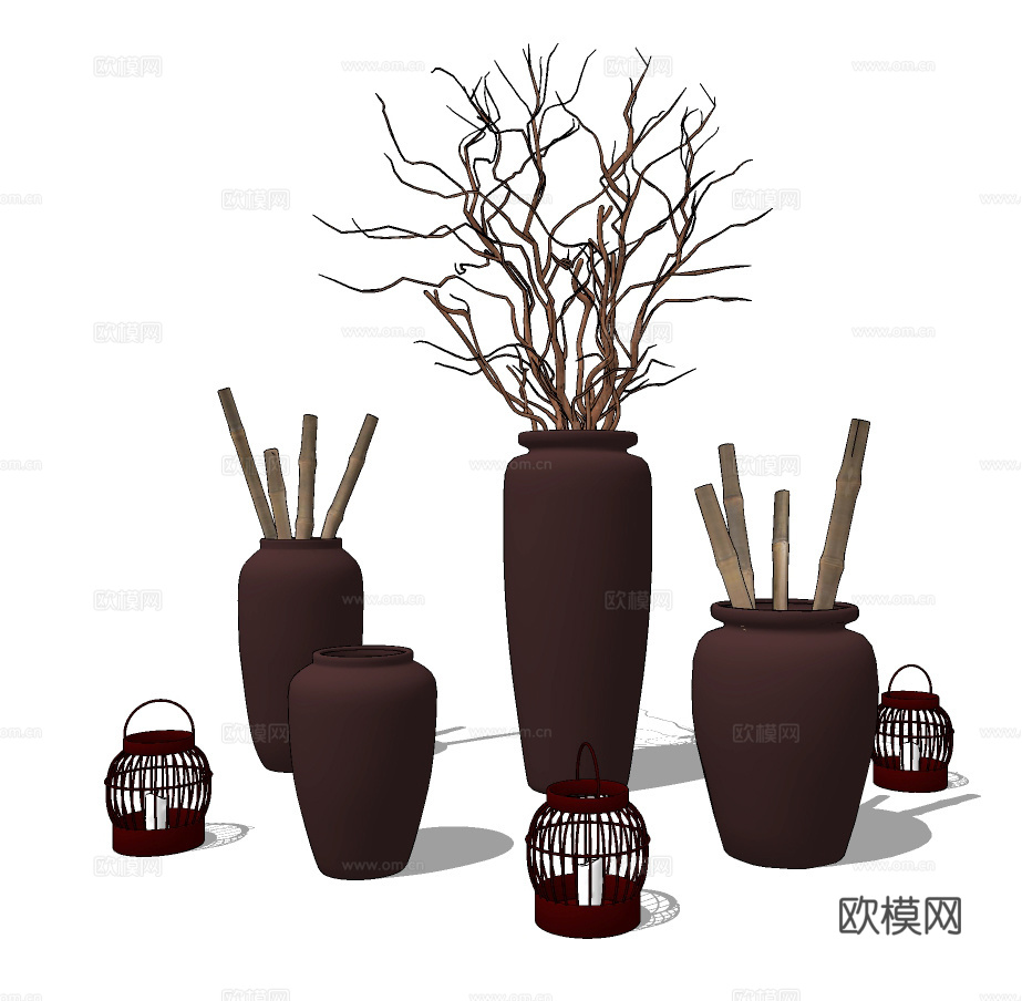 现代干枝花瓶陶罐摆件su模型下载