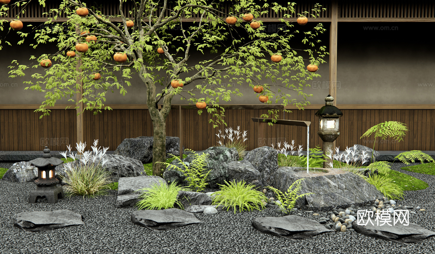 日式新中式庭院小品 柿子树 果树 水景 景观石头 流水水钵su模型