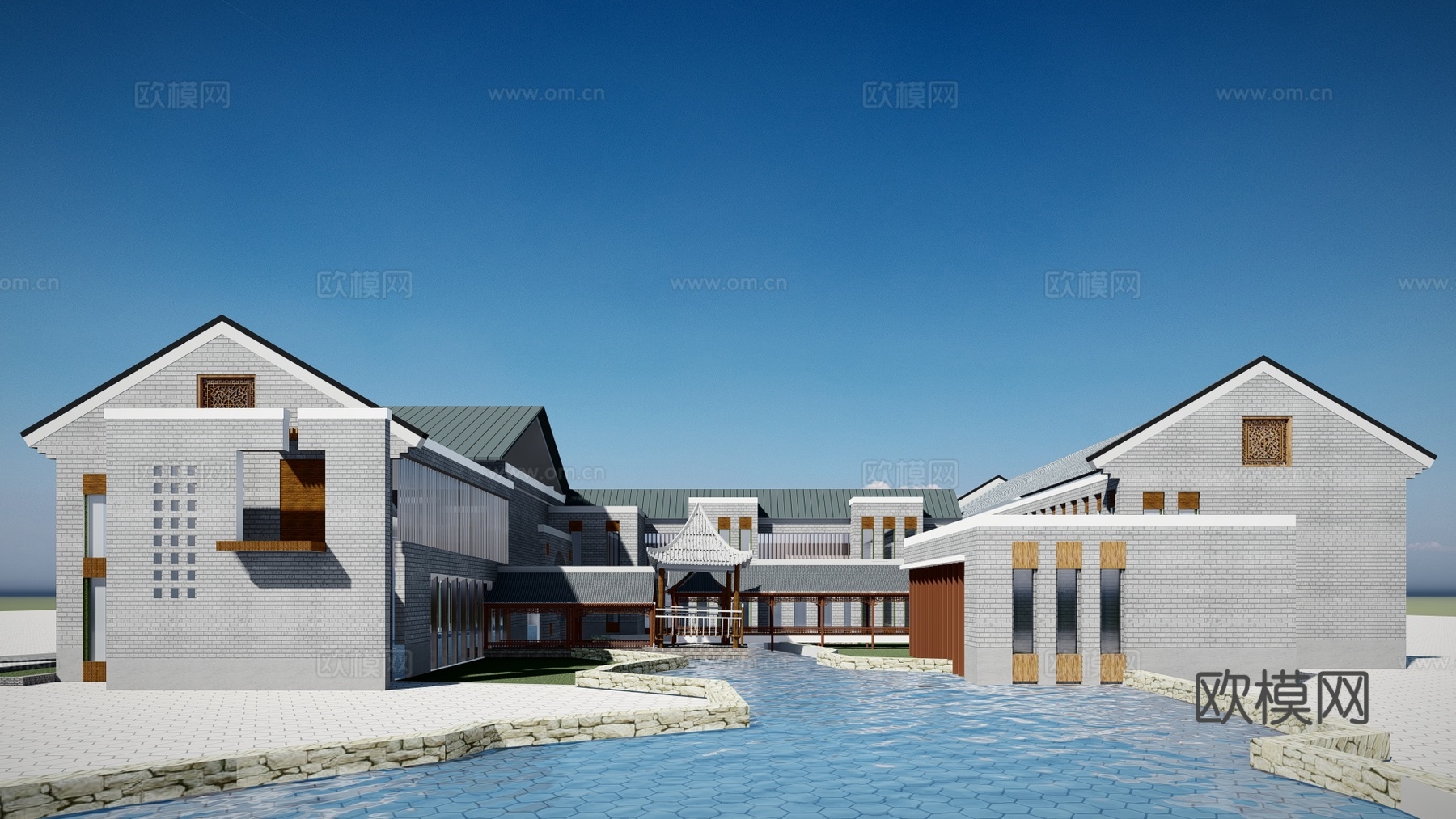 新中式酒店建筑外观su模型下载
