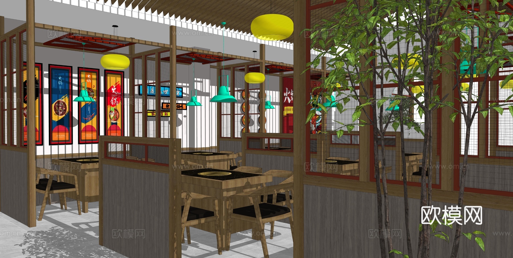 新中式国风火锅店su模型下载