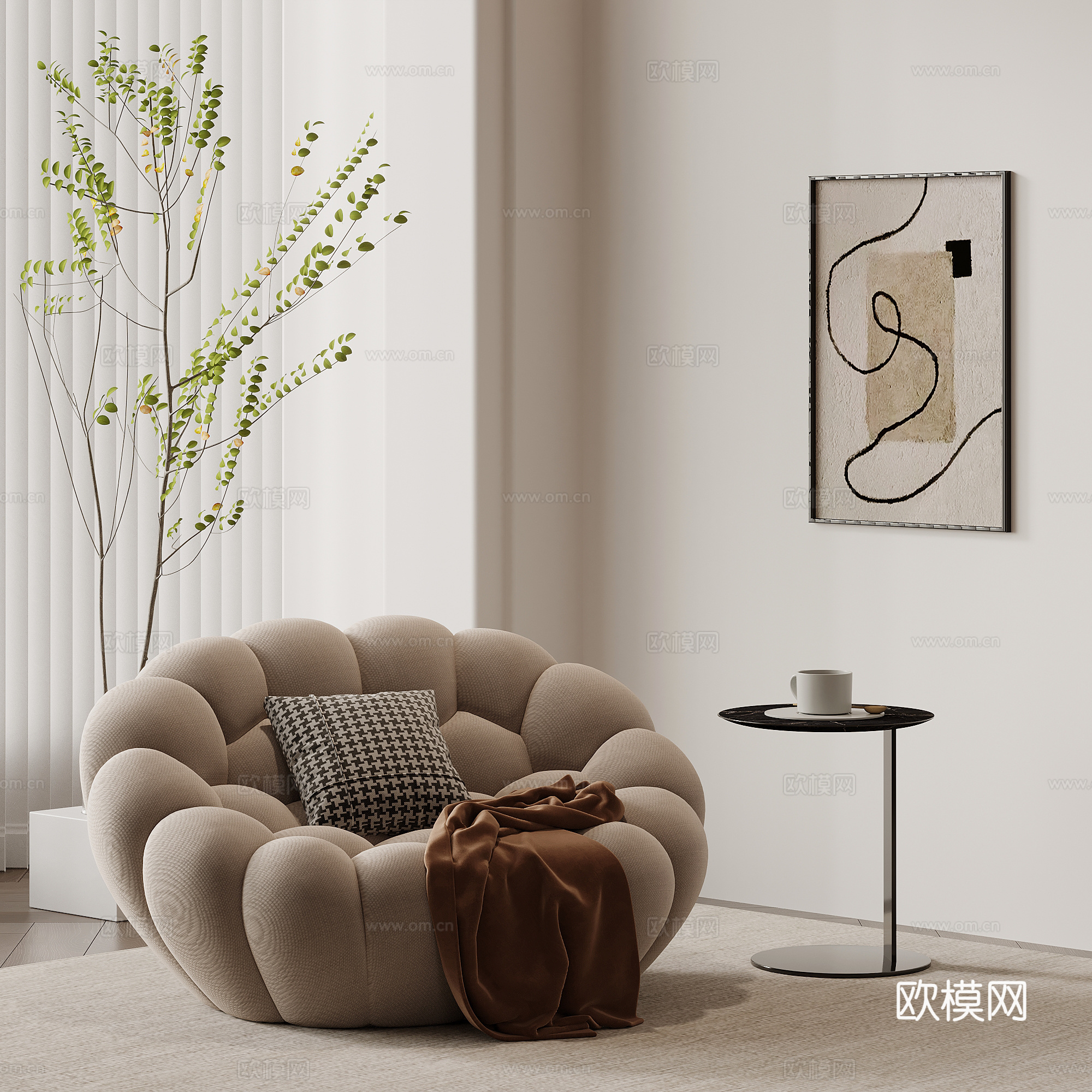 现代奶油风单人沙发 休闲沙发 边几3d模型