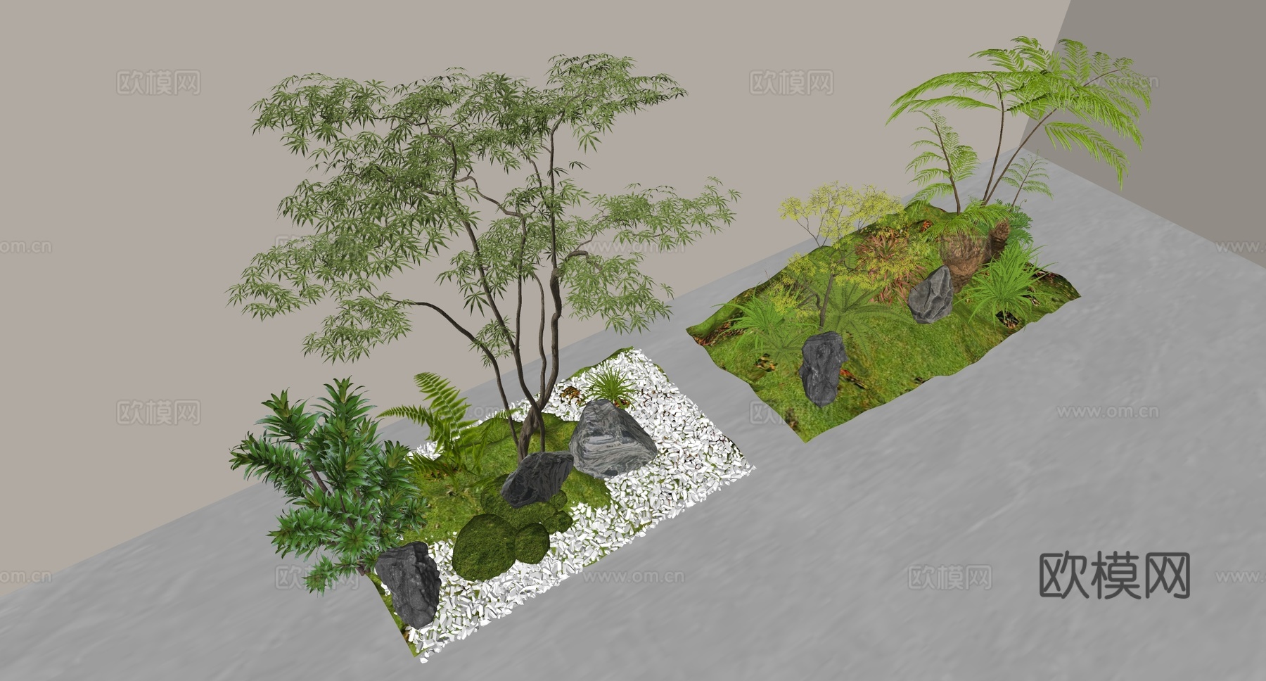 植物堆 室内景观小品 绿植植物花草 灰色石子 室内景观造景su模型