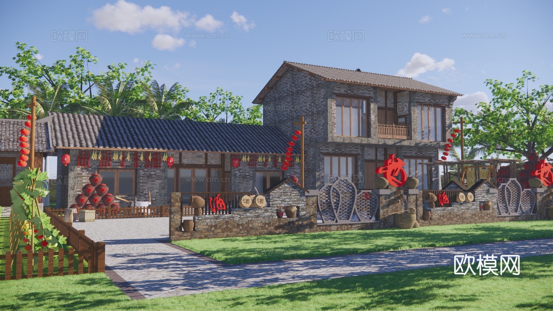 新中式乡村酒坊建筑外观su模型下载