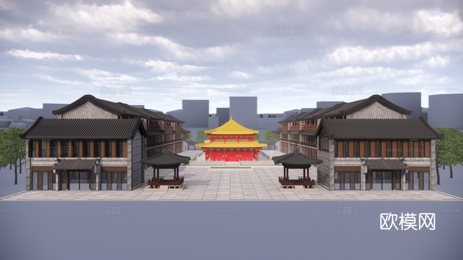中式古建酒店外观su模型下载