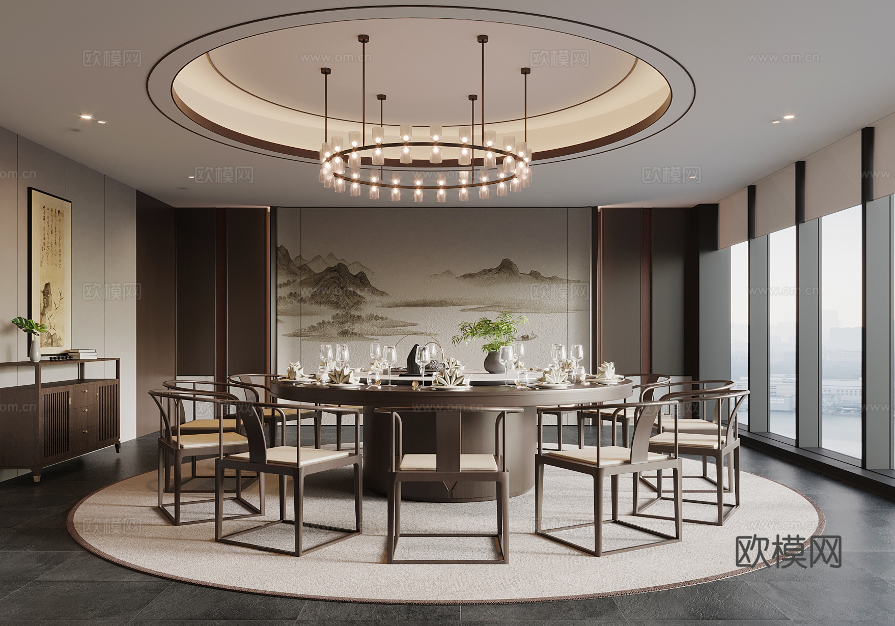 新中式餐厅 餐桌椅 吊灯3d模型