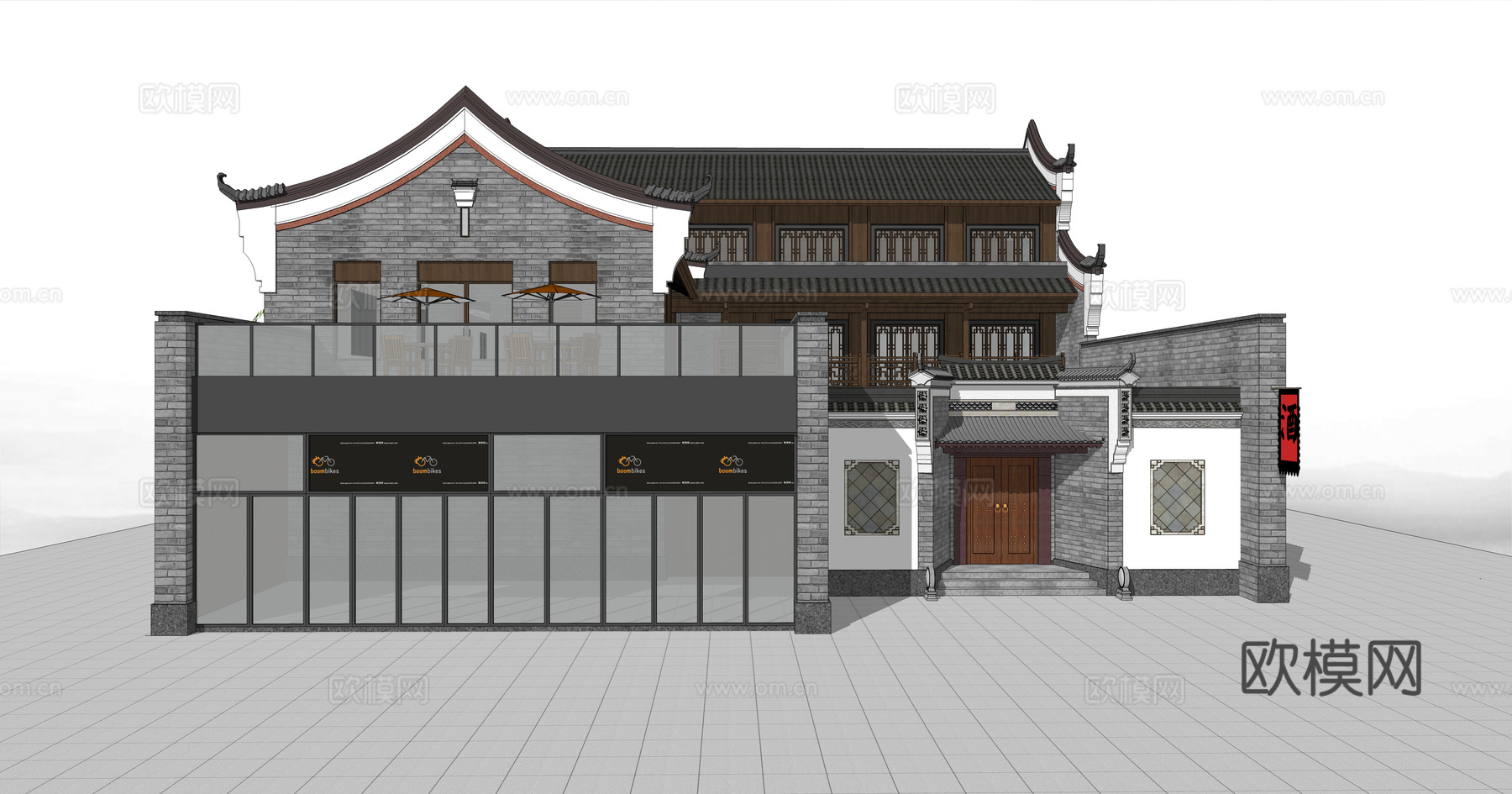 中式酒店饭店建筑外观su模型下载