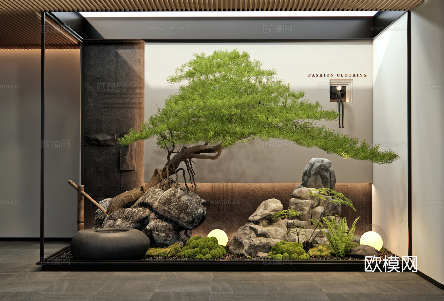 新中式室内景观 景观石头 植物造景 庭院小品 苔藓 松树su模型