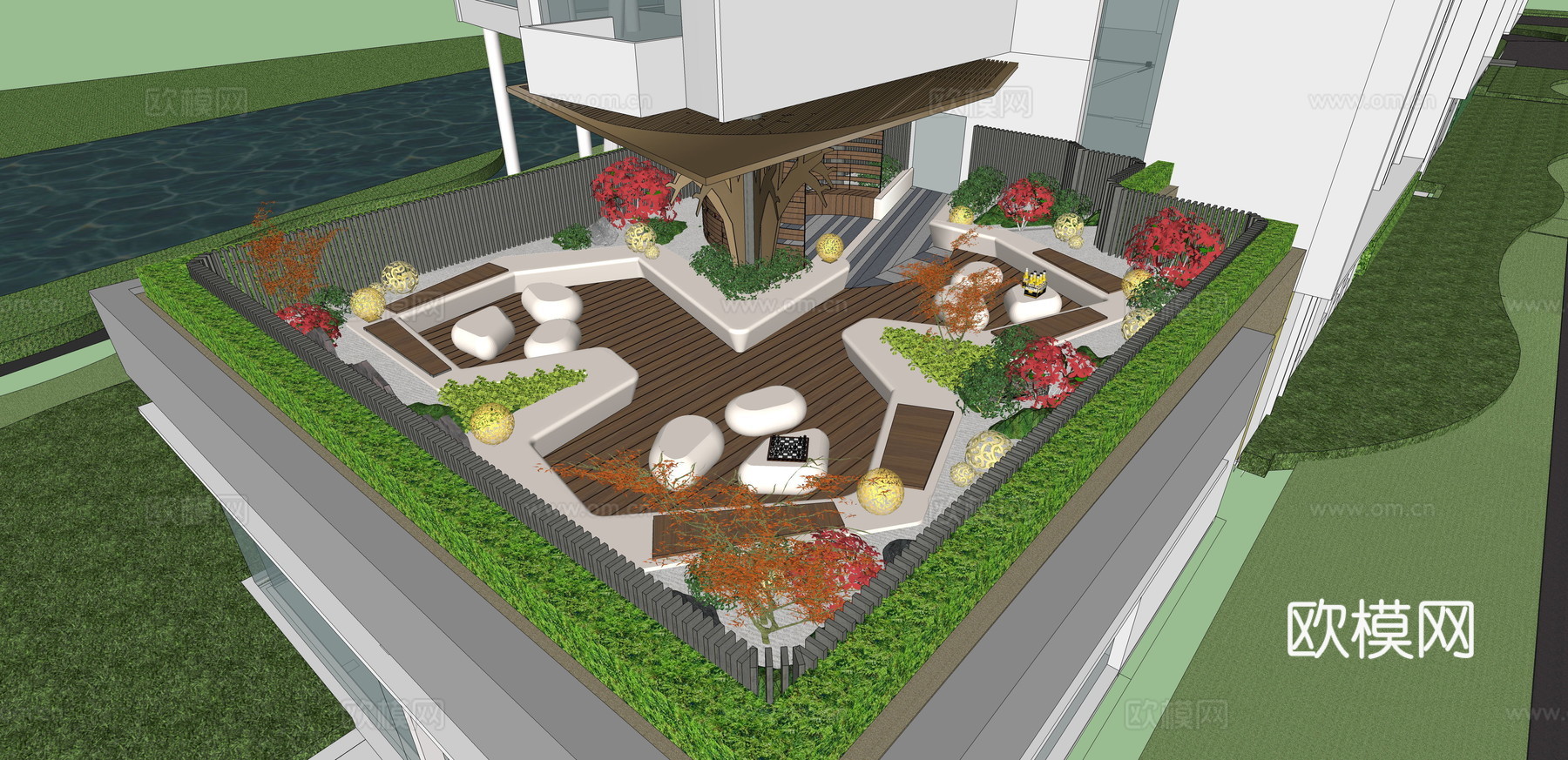 现代屋顶花园su模型下载