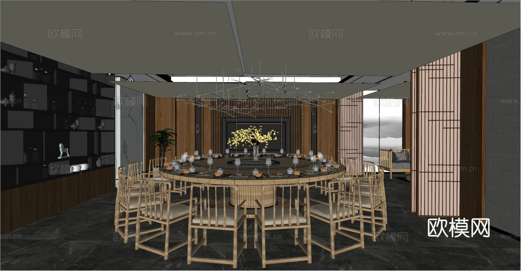 新中式餐厅包厢su模型下载