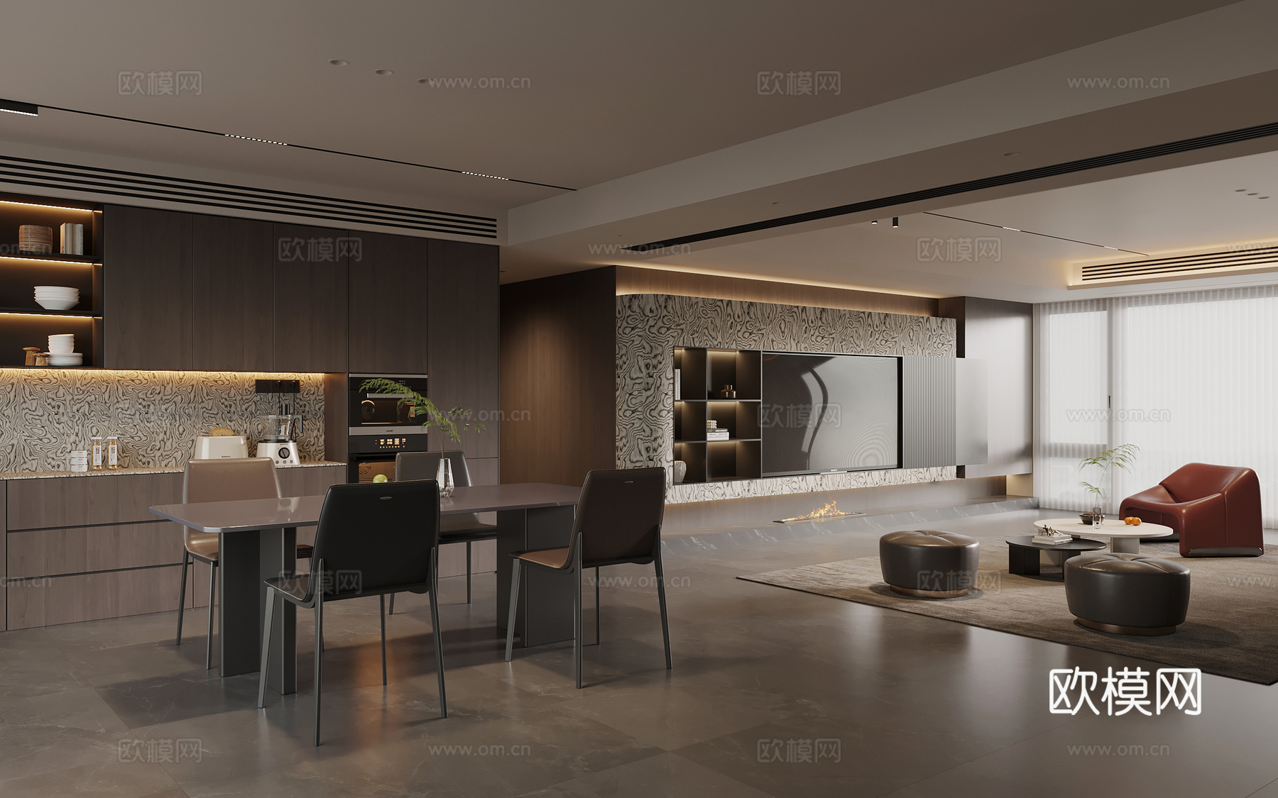 现代意式客餐厅 客厅 餐厅酒柜 电视背景墙su模型
