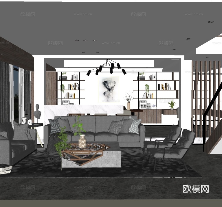 现代复式客厅su模型下载