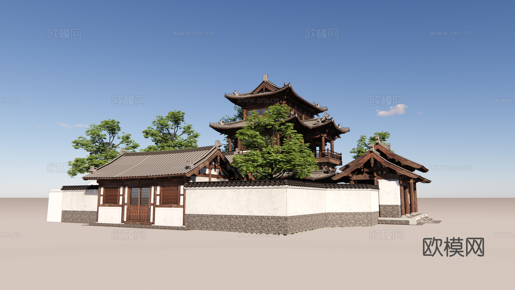 中式古建筑外观su模型下载
