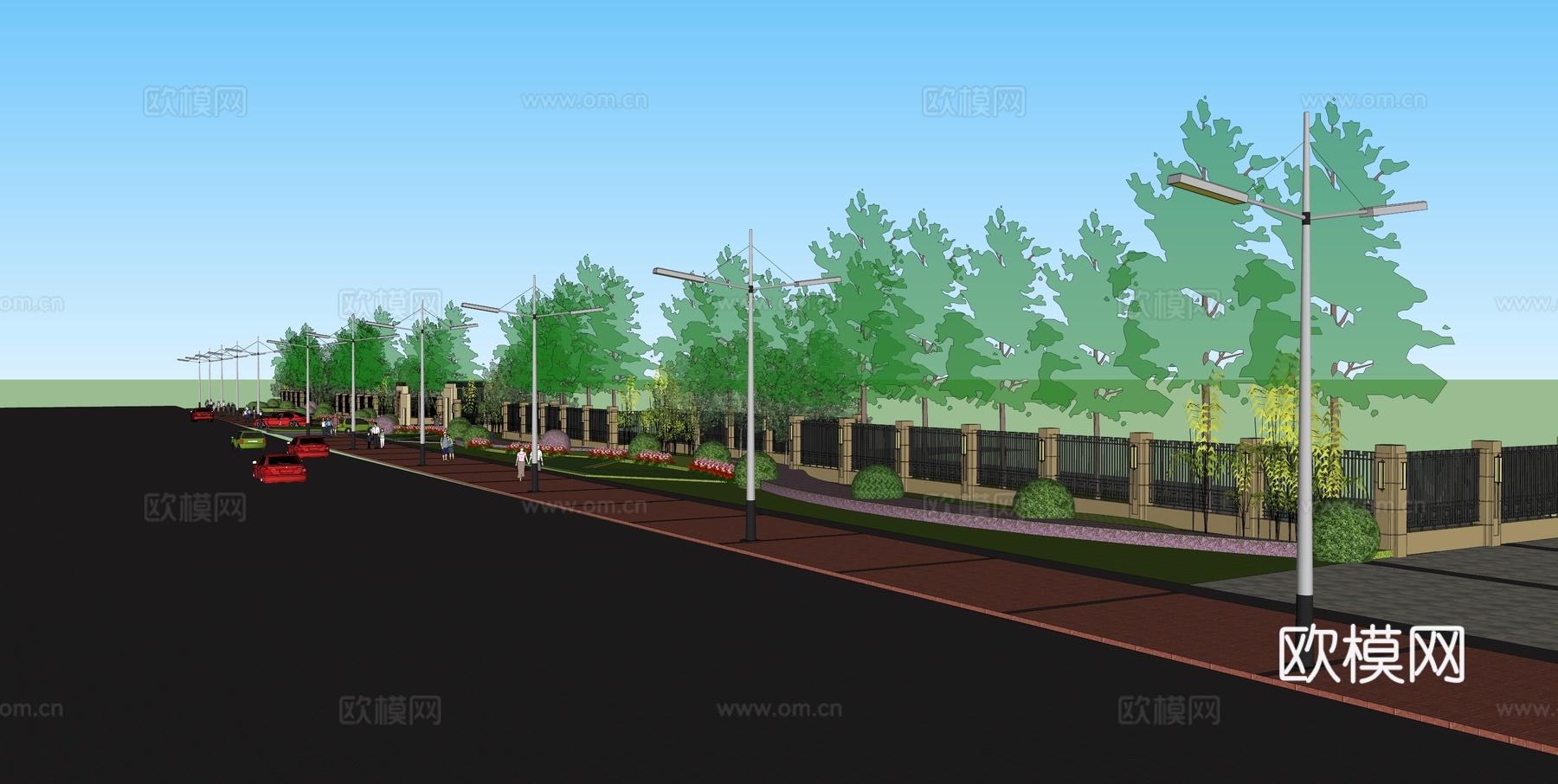 现代街景道路景观su模型下载
