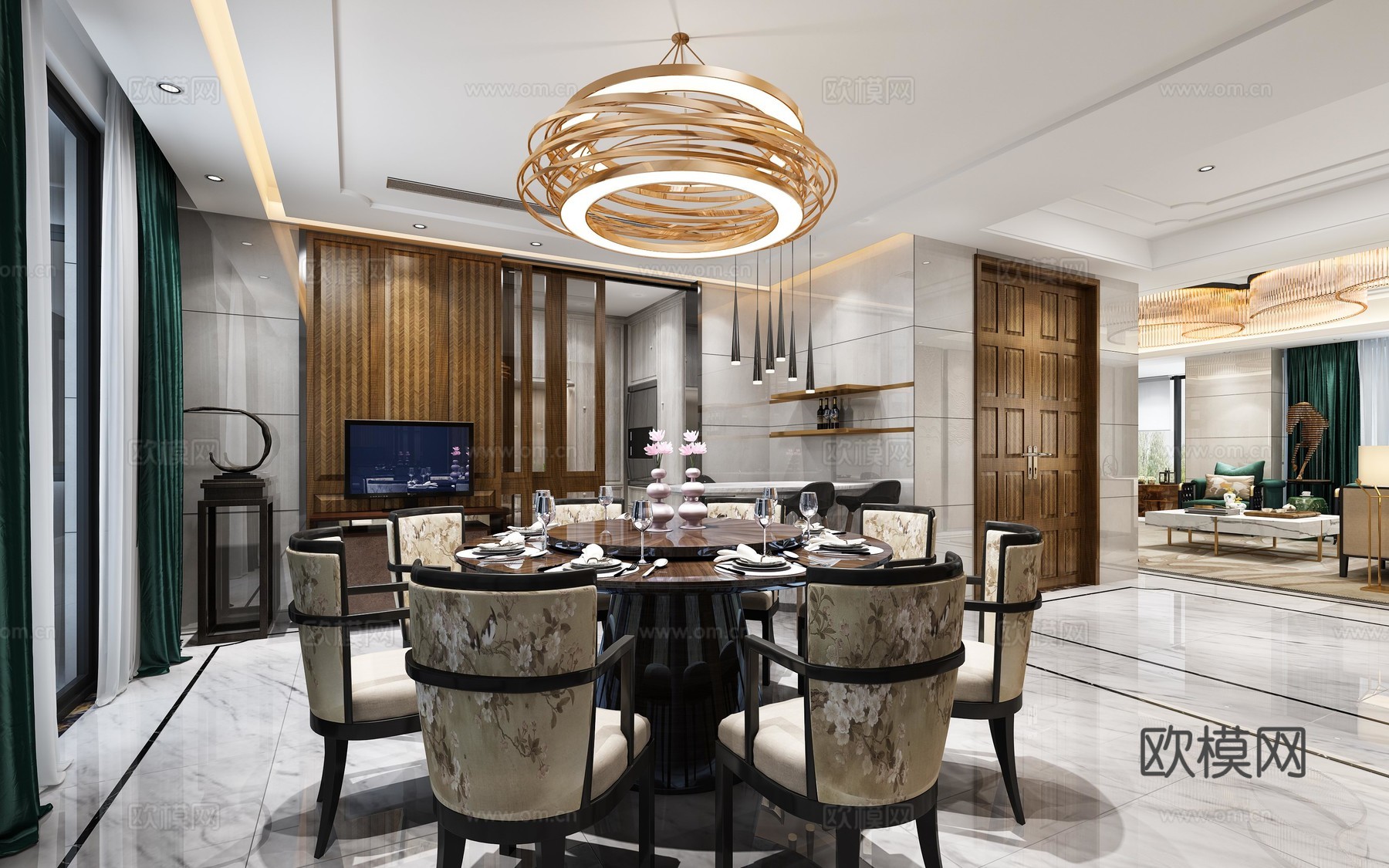 新中式轻奢餐厅su模型下载