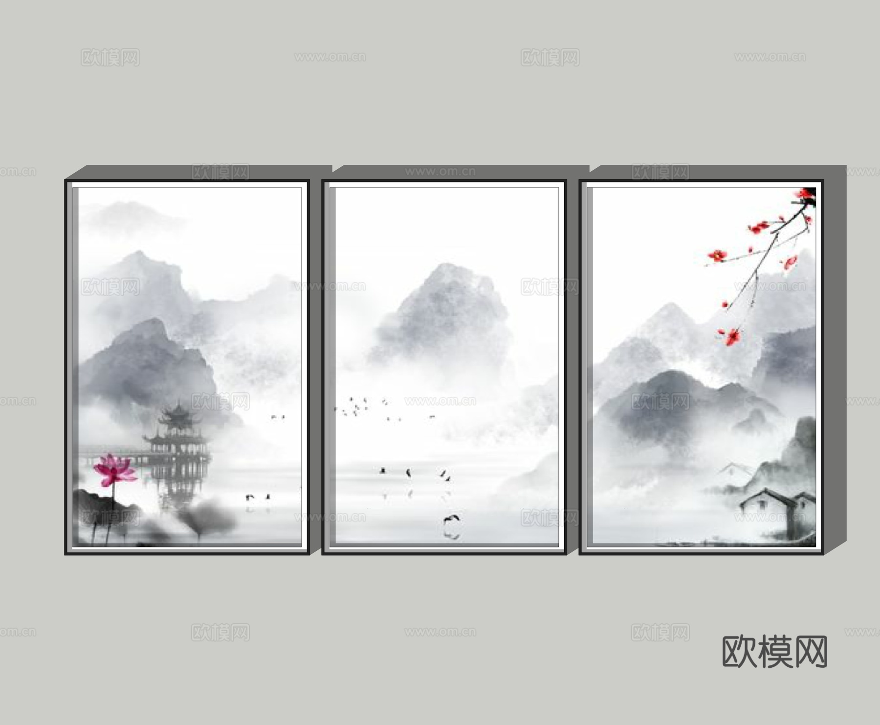 新中式水墨装饰画su模型下载
