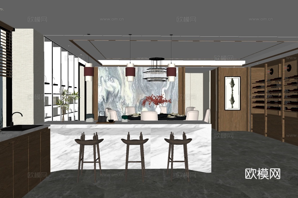 新中式轻奢餐厅su模型下载