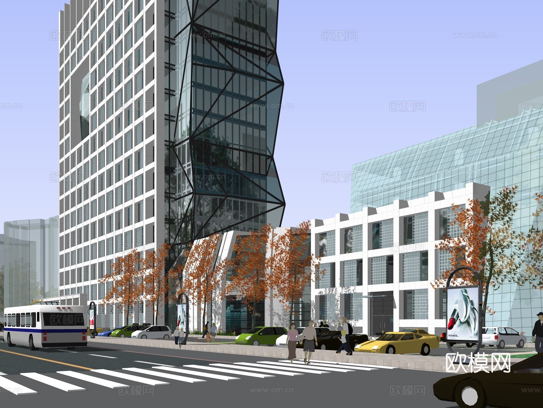现代高层办公楼建筑外观su模型下载