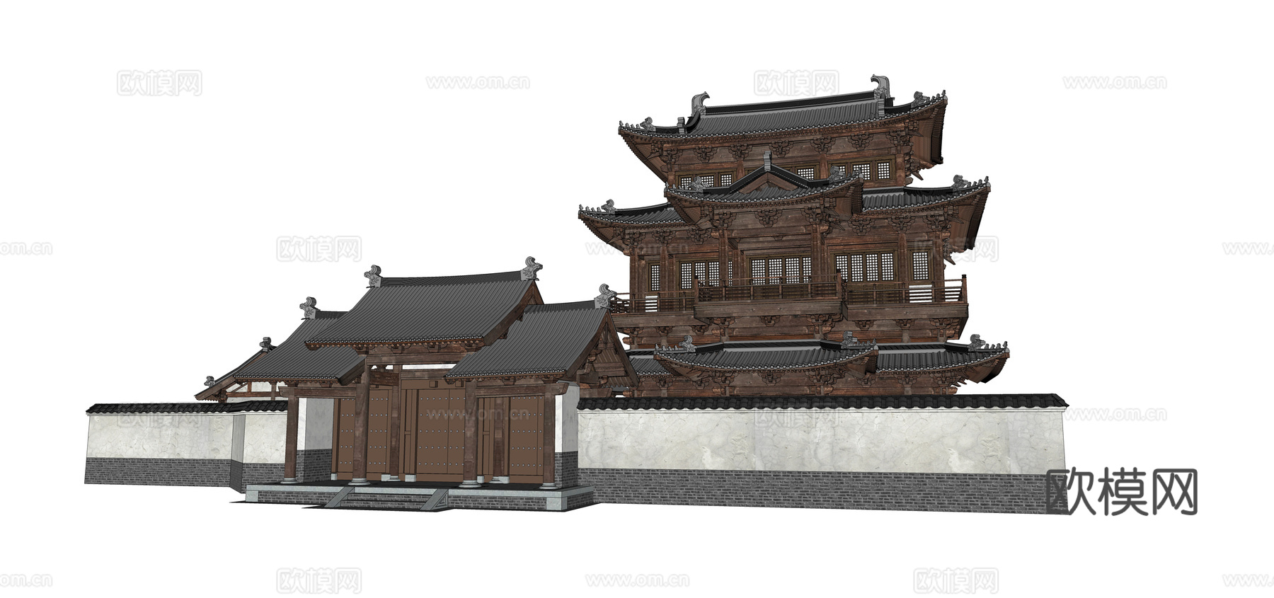 中式古建筑外观su模型下载