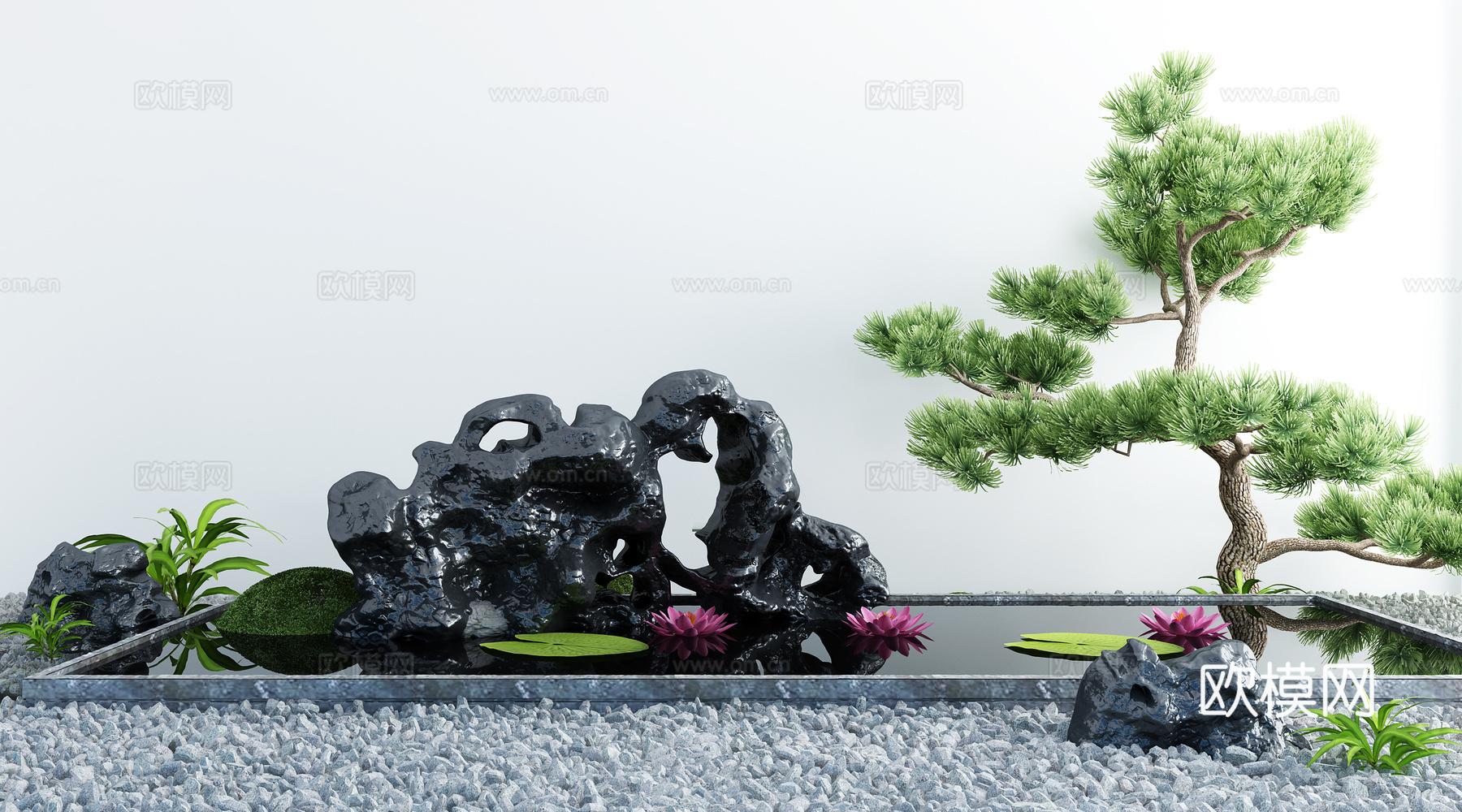 新中式假山松树水景小品su模型下载