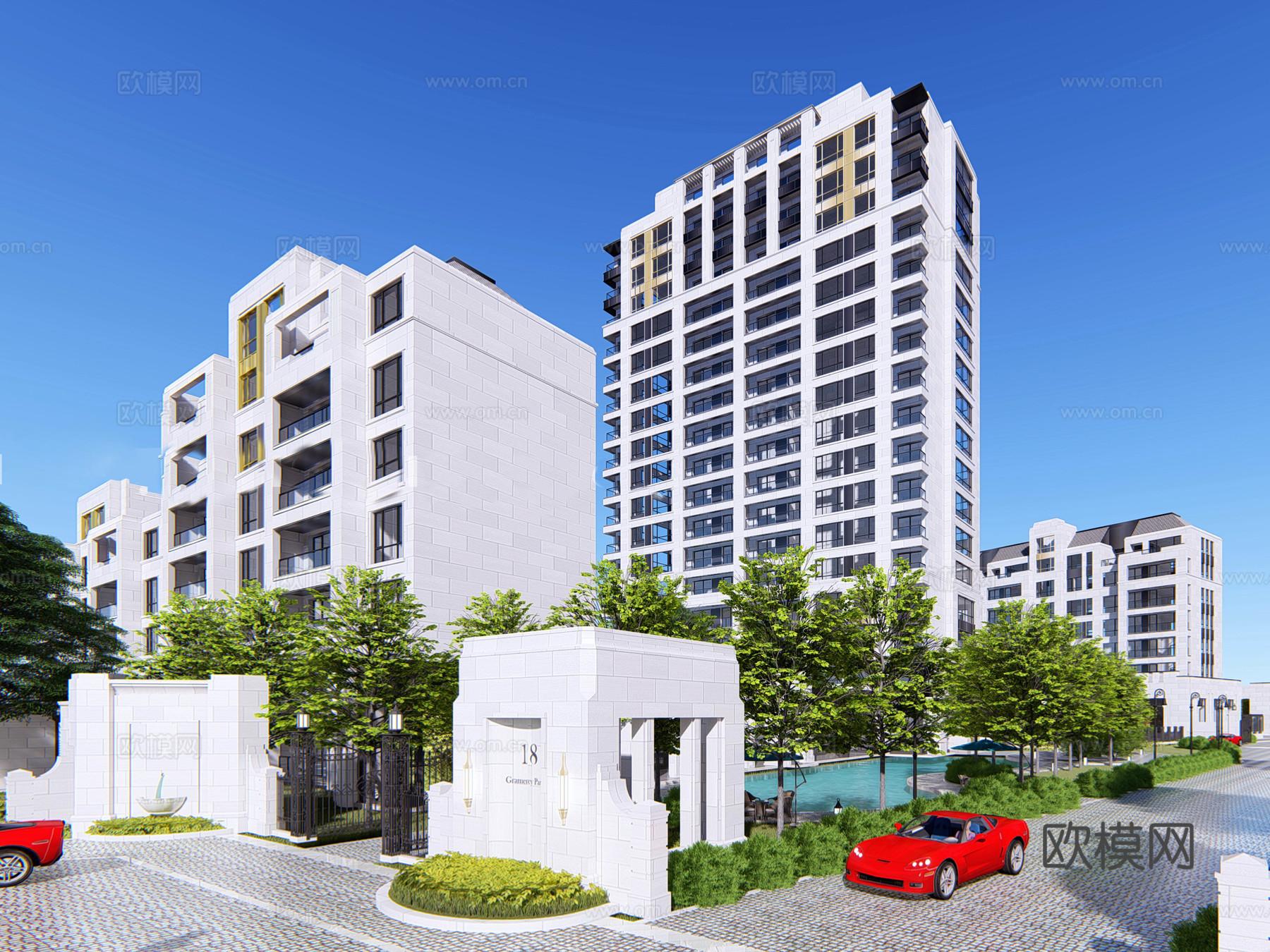 现代小区住宅楼外观su模型下载