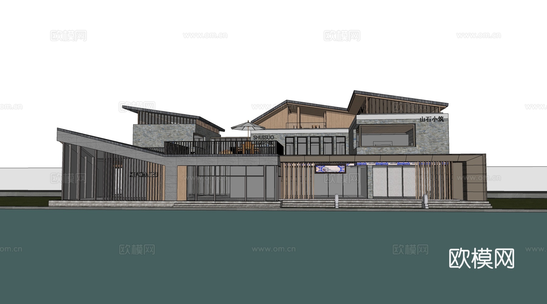 新中式民宿建筑 乡村民房 民宿酒店建筑 坡屋顶民宿su模型