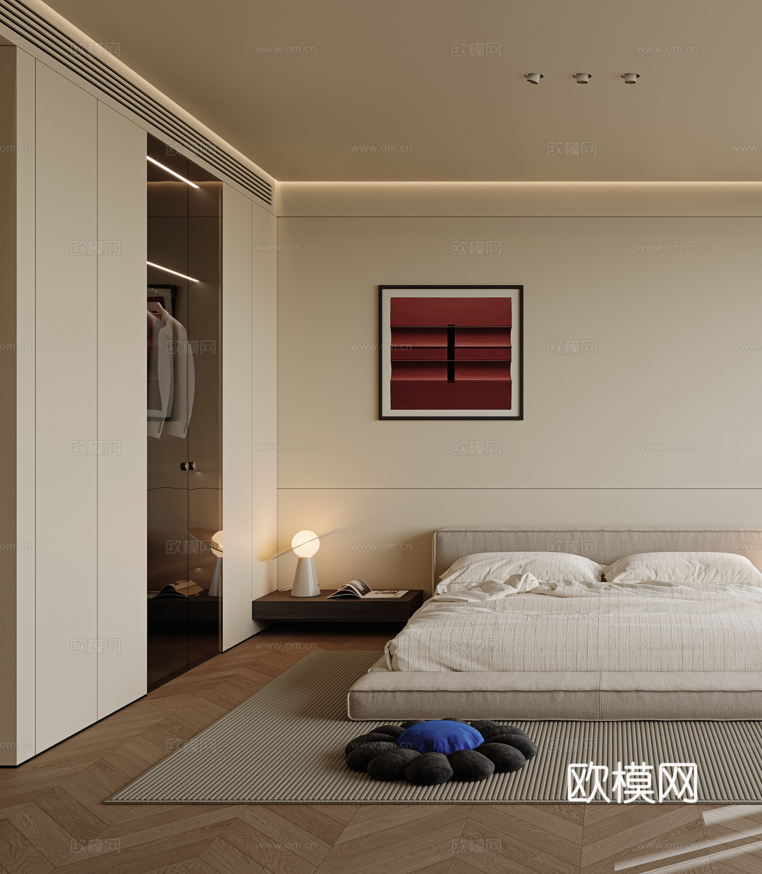 侘寂极简风卧室 无主灯卧室 主卧室 老人房 布艺双人床 吊灯3d模型