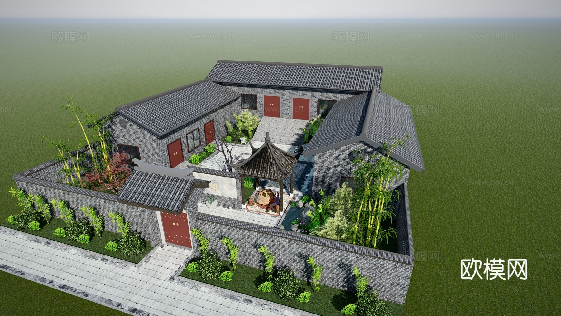 中式古建乡村四合院su模型下载