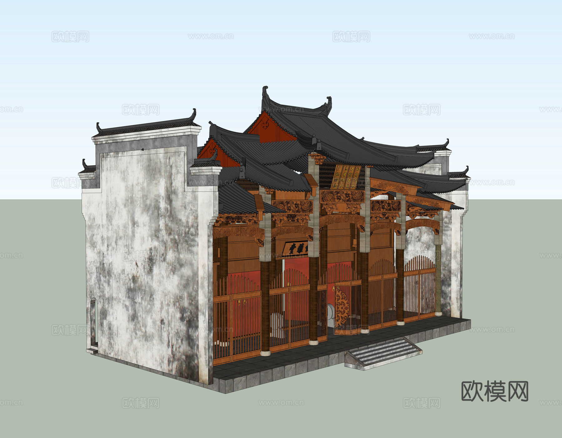 中式古建祠堂外观su模型下载